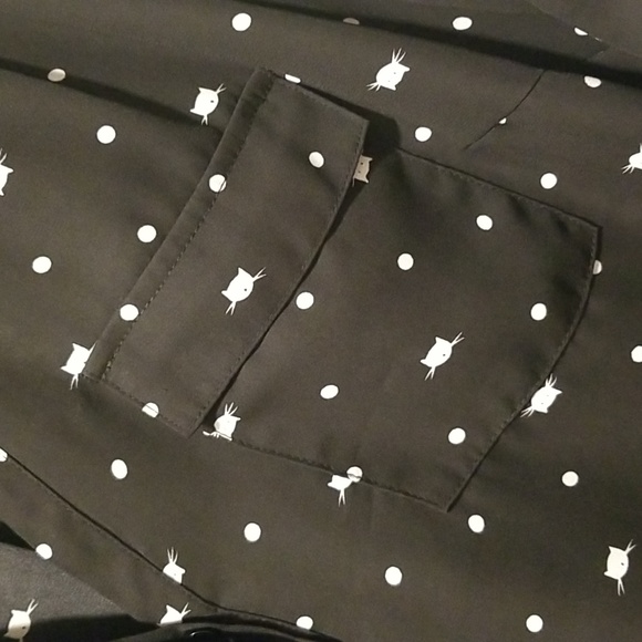 Black Challis 3/4 Sleeve Blouse with Cats and Dots - Picture 2 of 4